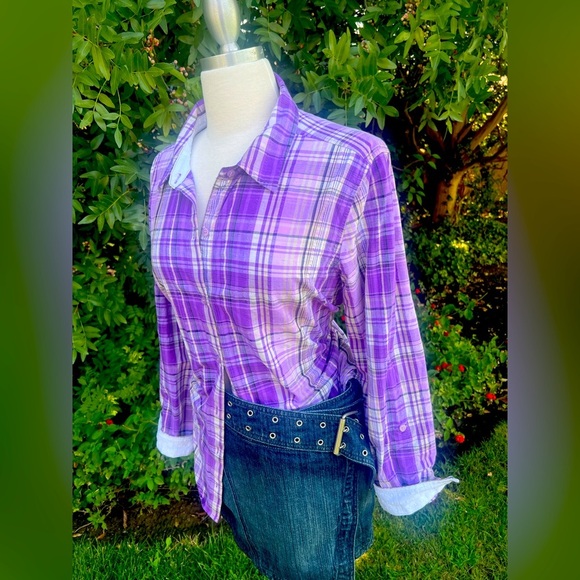 Christopher & Banks Purple Plaid Button Down Shirt - Picture 1 of 8